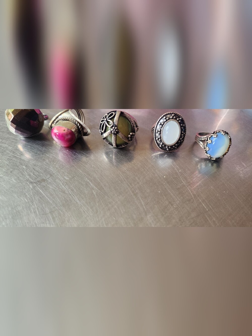 Pink and Opalescent Stone Sterling Rings - Women's Fashion Jewelry. All 5 Rings